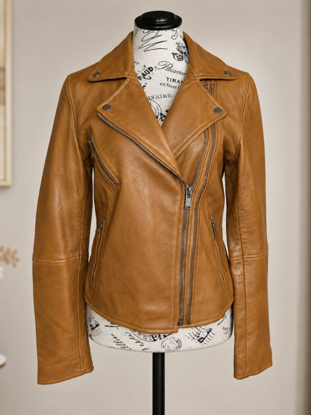 Spanish Genuine Sheep Leather Double Zip Moto Biker Jacket Brown - Picture 2 of 14